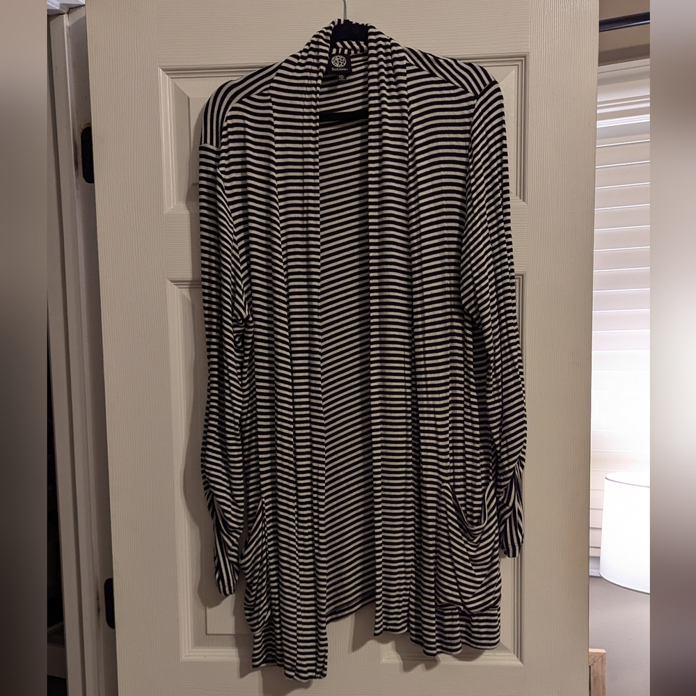 Bobeau Black and White Striped Cardigan